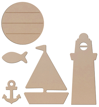 460.454.080 - Kippers - Set MDF mer: Bateau,Phare, Ancre, Poisson + Socle Decowwod - Maritime