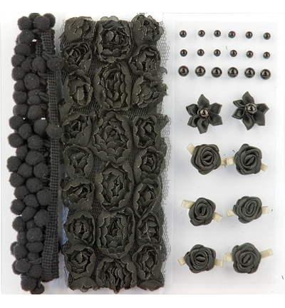 12214-1402 - Hobby Crafting Fun - Embellishment,pom poms & flowers set Black,assorti - 