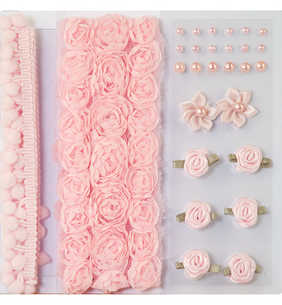12214-1403 - Hobby Crafting Fun - Embellishment,pom poms & flowers set Rosa,assorti - 