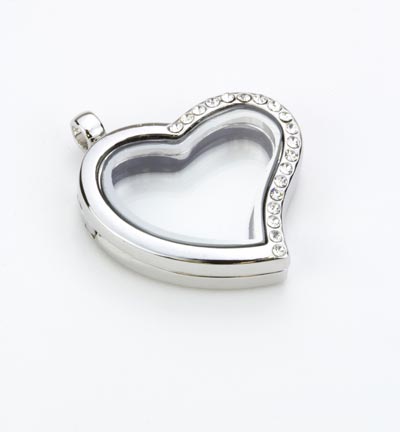 12334-3403 - Hobby Crafting Fun - Glass Pendant with Strass, Heart, Silver - Glas Pendant Relockable