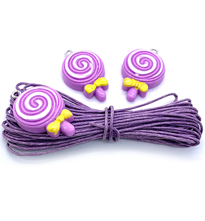 12415-1608 - Hobby Crafting Fun - Toy Charms: 3 purple swirl lollipops & cotton cord - 12415-1608 - Hobby Crafting Fun - Toy Charms: 3 purple swirl lollipops & cotton cord -