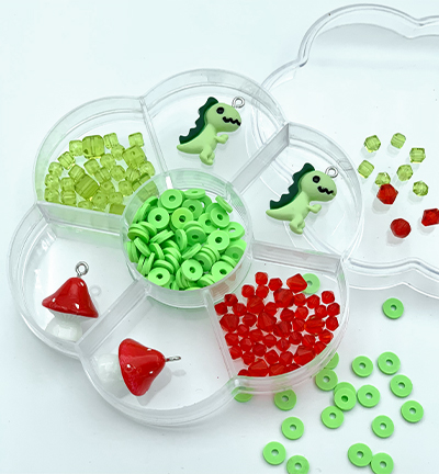 12415-1622 - Hobby Crafting Fun - Dino finds mushrooms 4 toy charms & katsuki beads/glass beads - Katsuki & toy charms set