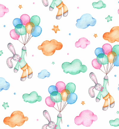 240054-09 - Stafil - Tissu en similicuir, white, bunnies and balloons - Similicuir, motifs