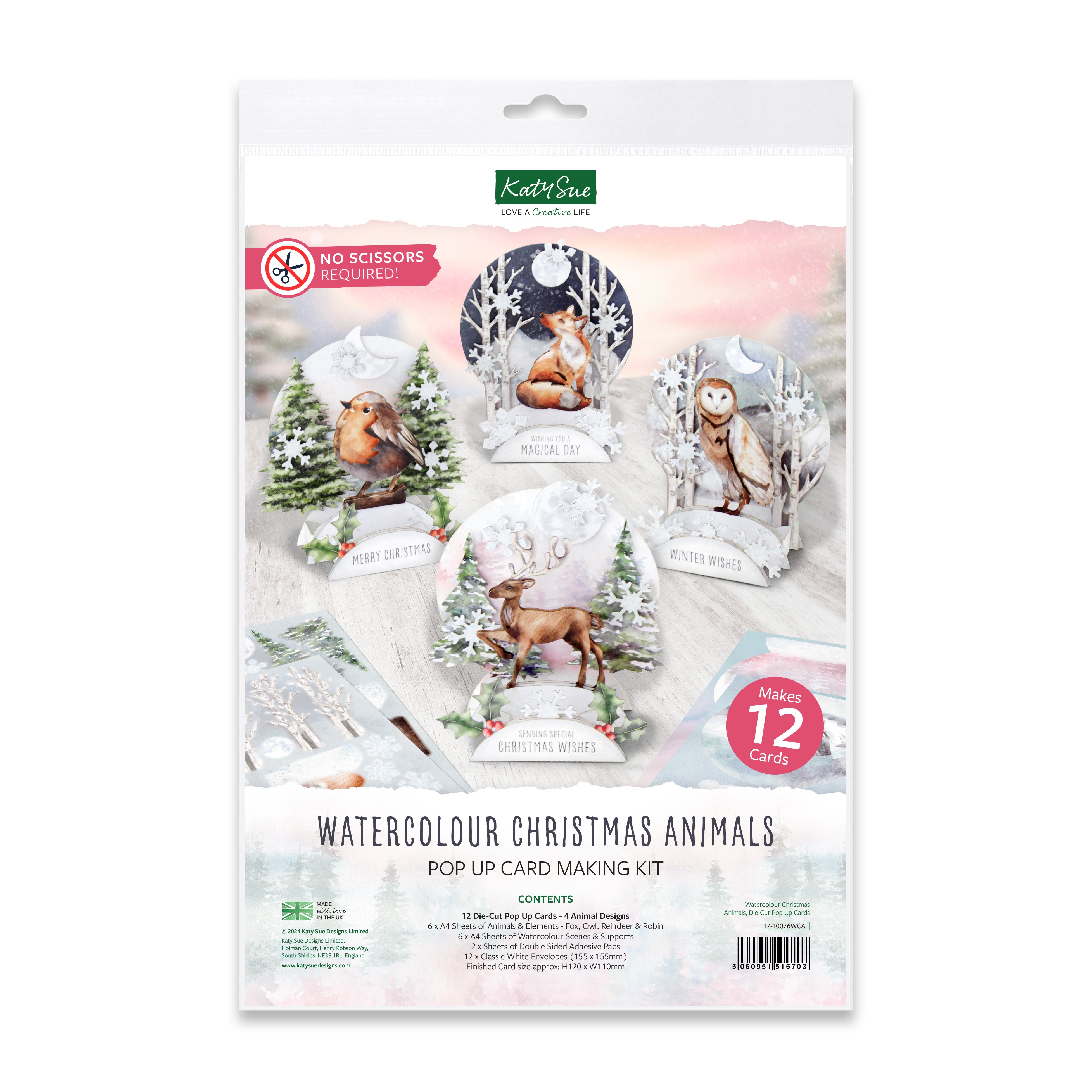 17-10076WCA - Katy Sue Designs - Kit de cartes pop-up – Watercolour Christmas Animals - Card Making Kits