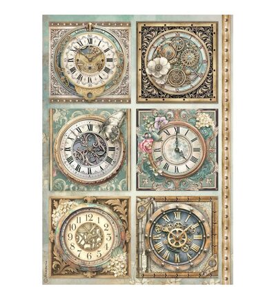 DFSA41111 - Stamperia - Stamperia Papier Riz A4 – Gardens of Time 6 Clocks - 