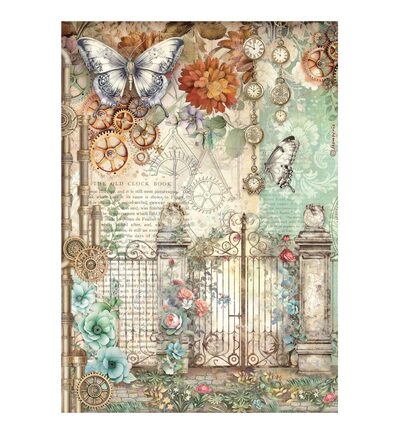 DFSA41115 - Stamperia - Stamperia Papier Riz A4 – Gardens of Time Gate and Butterfly - 