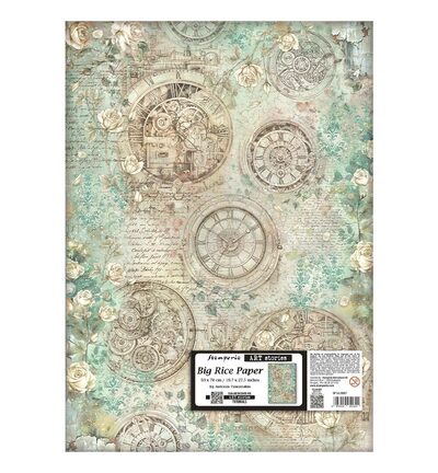 DFSAJB007 - Stamperia - Stamperia Papier Riz 50 x 70 cm – Gardens of Time Clocks and Roses - 