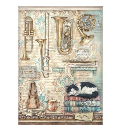DFSA41125 - Stamperia - Stamperia papier de riz A4 – Symphony trompettes et chat - 