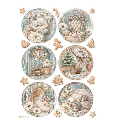 DFSA41144 - Stamperia - Stamperia papier de riz A4 – White Christmas 6 ronds - Rice Paper