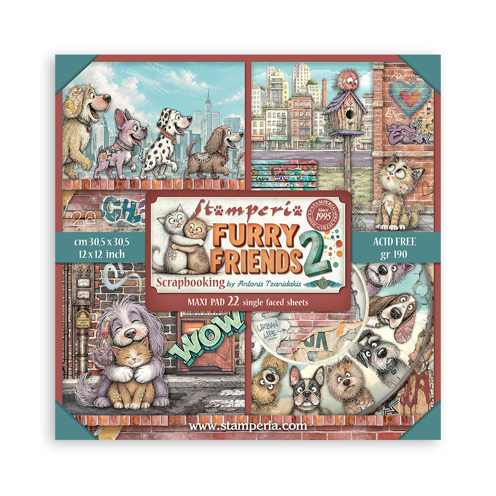 SBBXLB41 - Stamperia - Stamperia Maxi Scrapbooking Pad 22 feuilles 30,5x30,5 cm – Furry Friends 2 - 