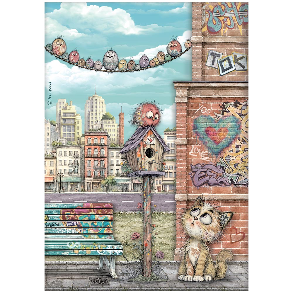 DFSA41171 - Stamperia - Stamperia papier de riz A4 – Furry Friends 2 Nest, Cat And Birds - 