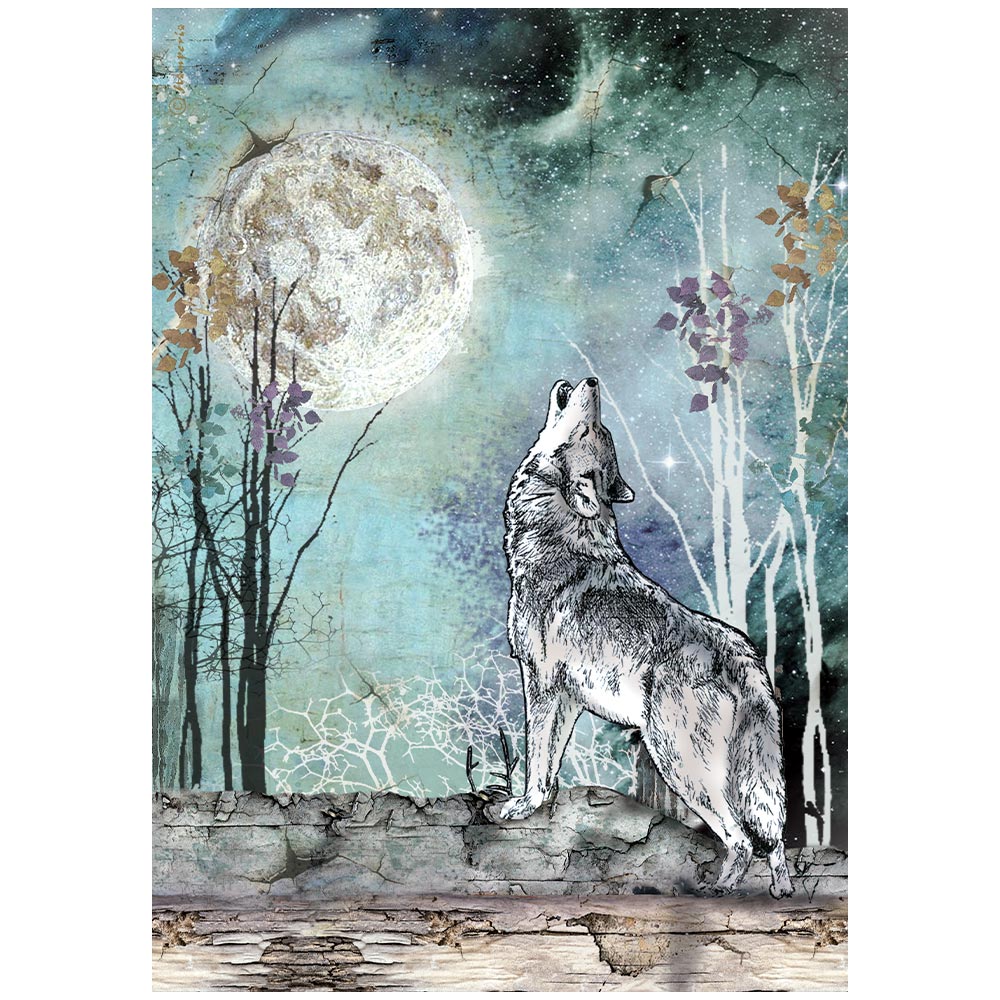 DFSA41149 - Stamperia - Stamperia papier de riz A4 – Cosmos Wolf And Moon - 